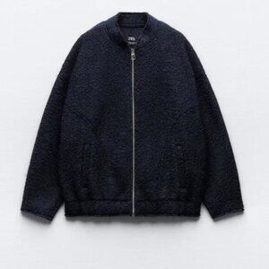 ZARA oversized boucle textured bomber in navy, new with tags, size M/L